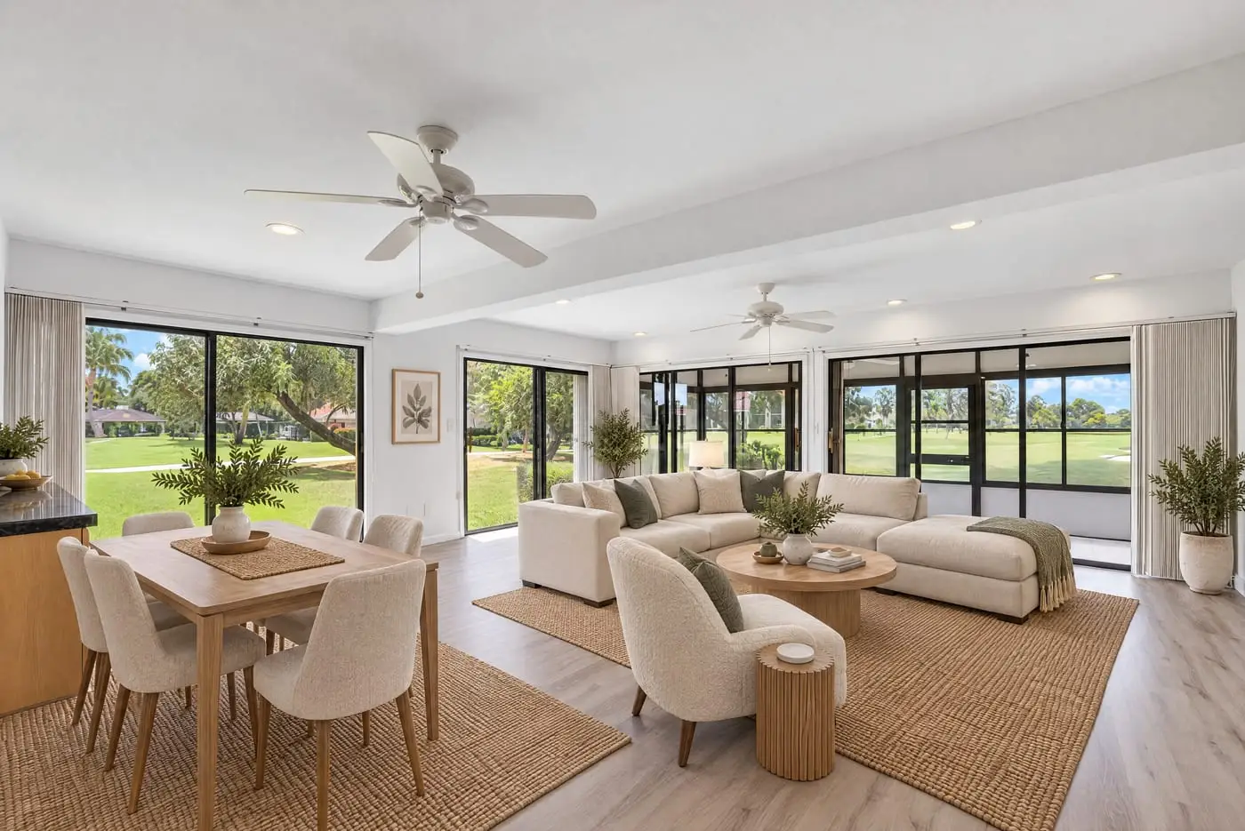 Living room of a South Florida home seen from the kitchen, virtually staged